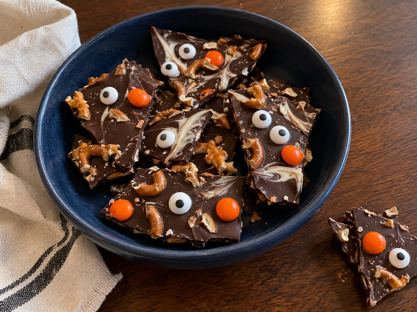 Monster chocolate bark in a navy bowl