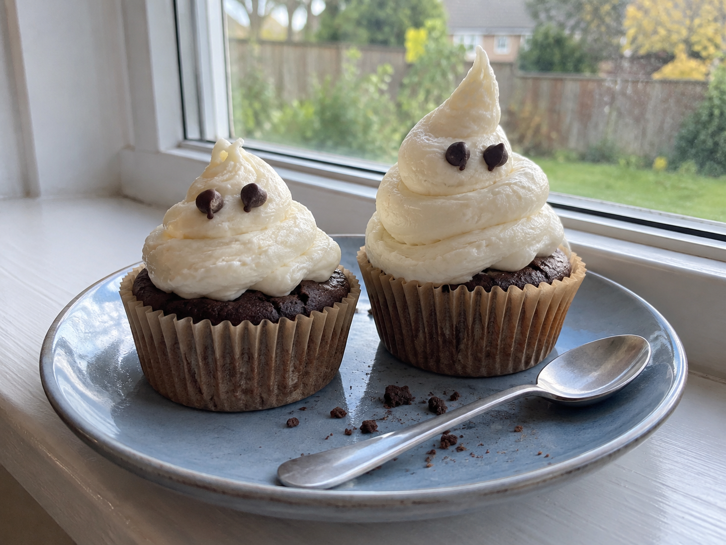 Two ghost cupcakes on a blue dessert plate