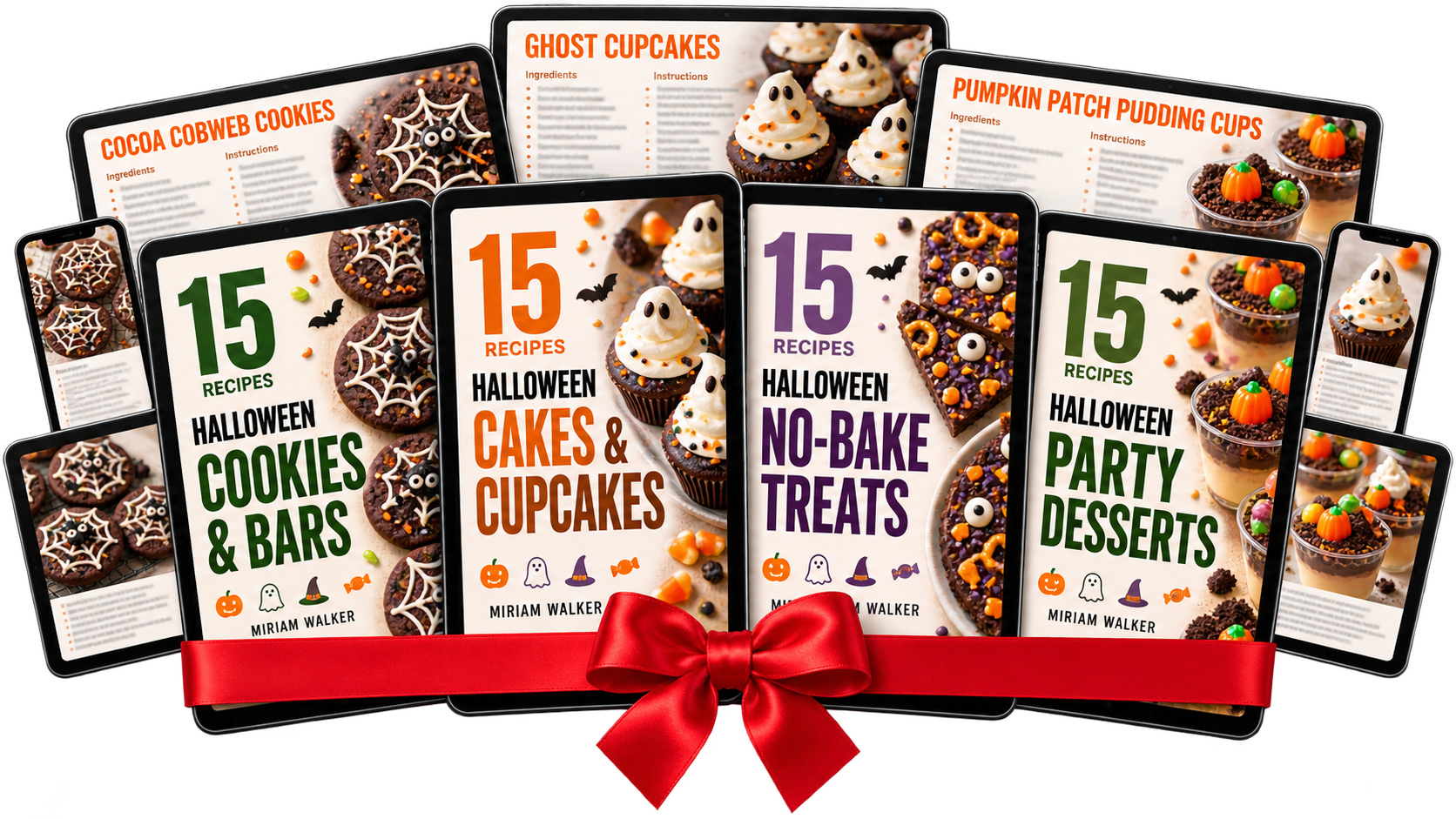 All four Halloween cookbooks displayed on tablets