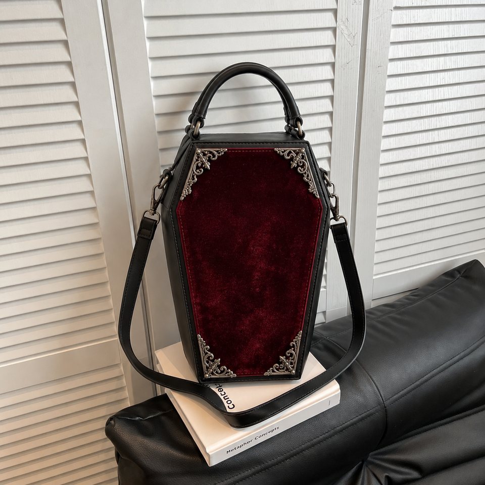 Coffin-shaped bag in burgundy velvet with black trim and silver corner details