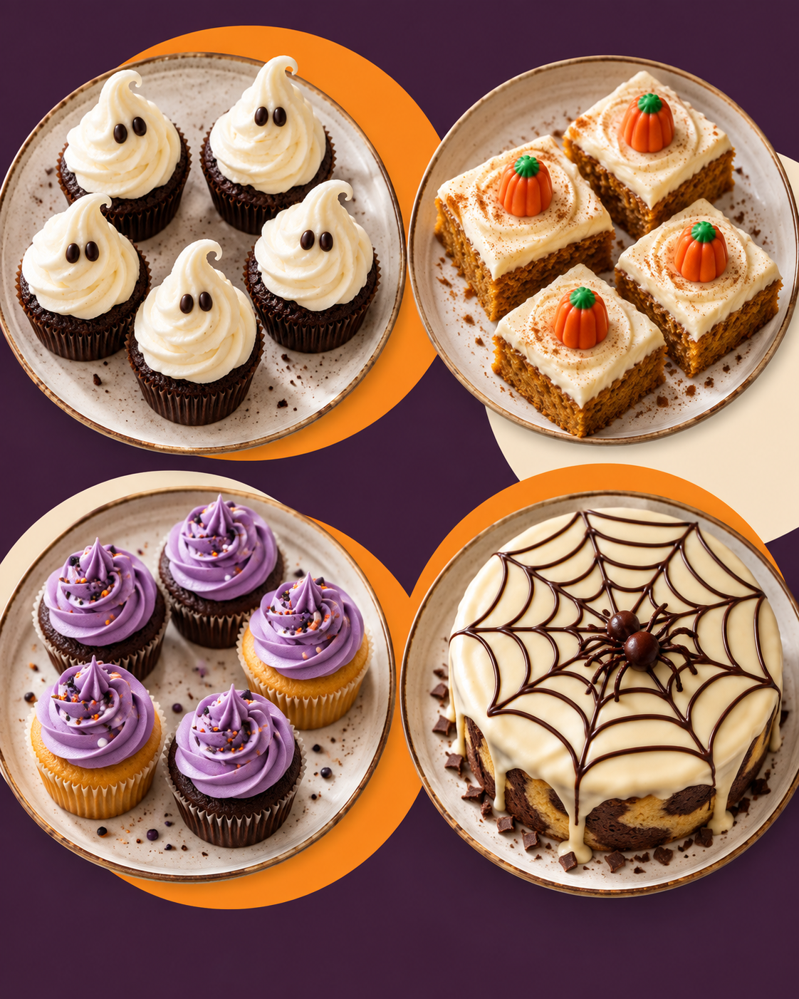 Ghost cupcakes, pumpkin cake squares, purple cupcakes and a spiderweb cake