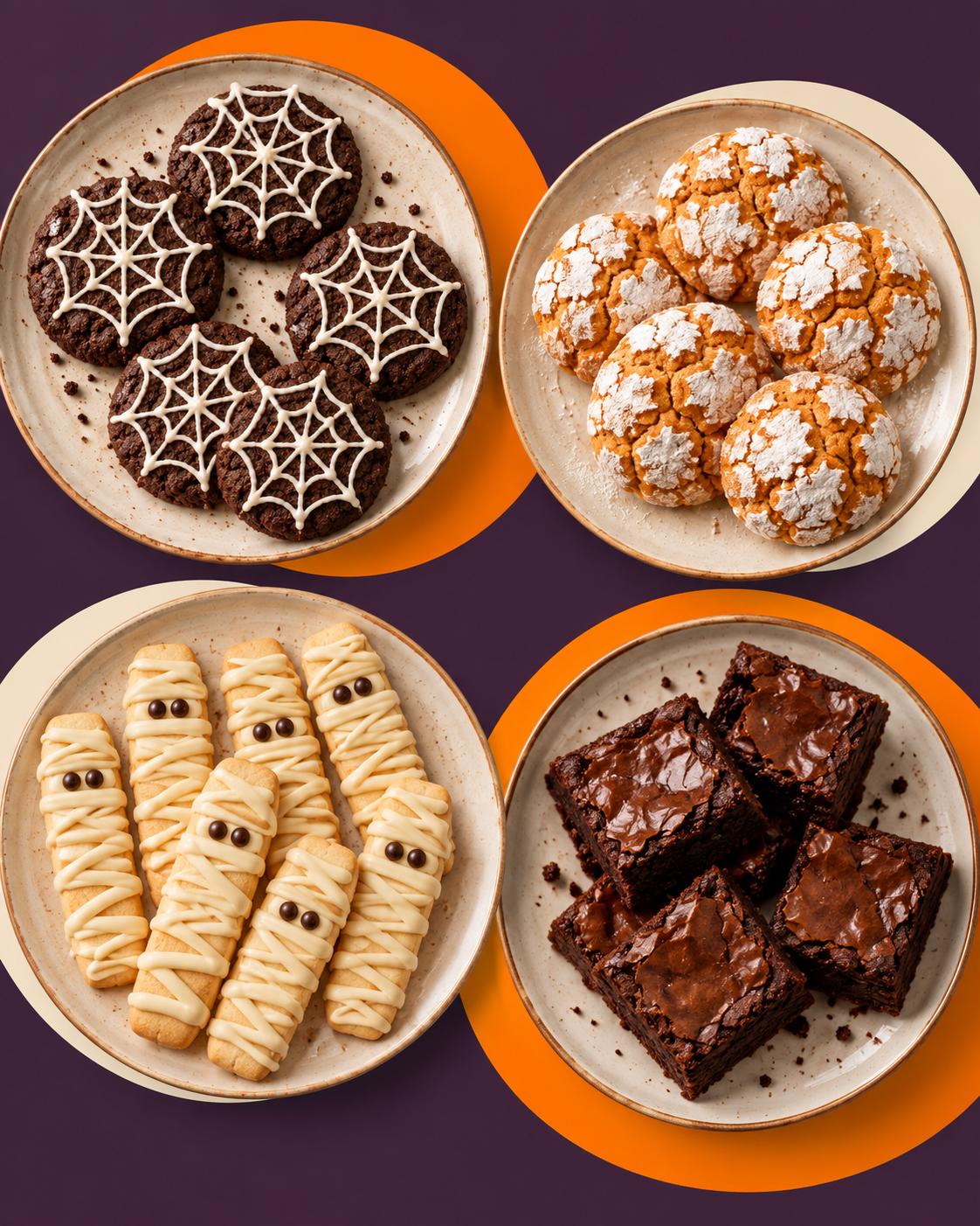 Cocoa cobweb cookies, pumpkin crinkle cookies, mummy shortbread and chocolate brownies