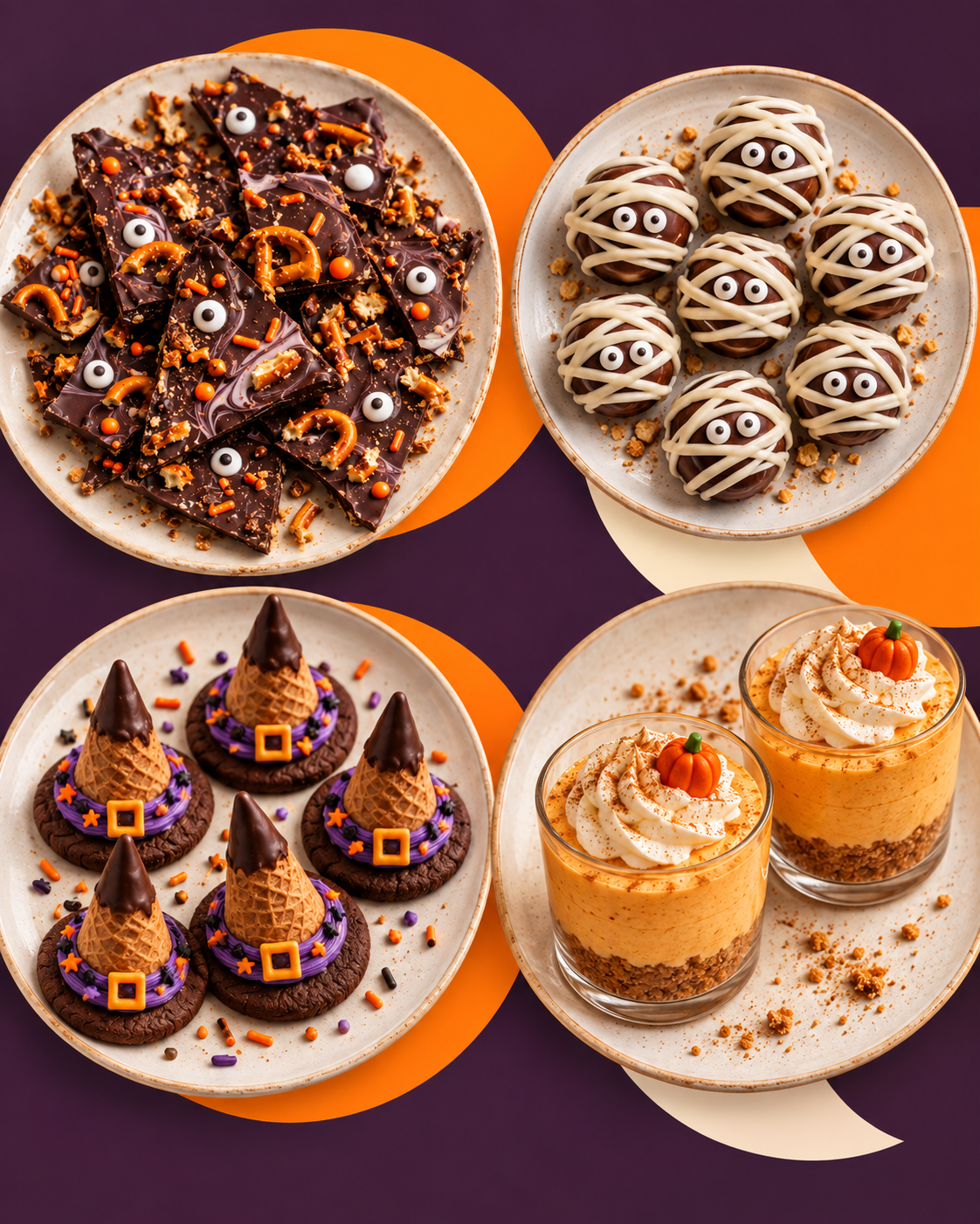 Monster chocolate bark, mummy truffles, witch hat treats and pumpkin cheesecake pots