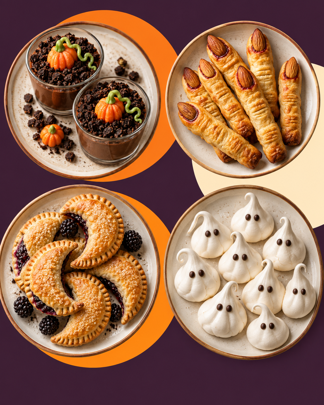 Pumpkin pudding cups, pastry witch fingers, blackberry hand pies and meringue ghosts