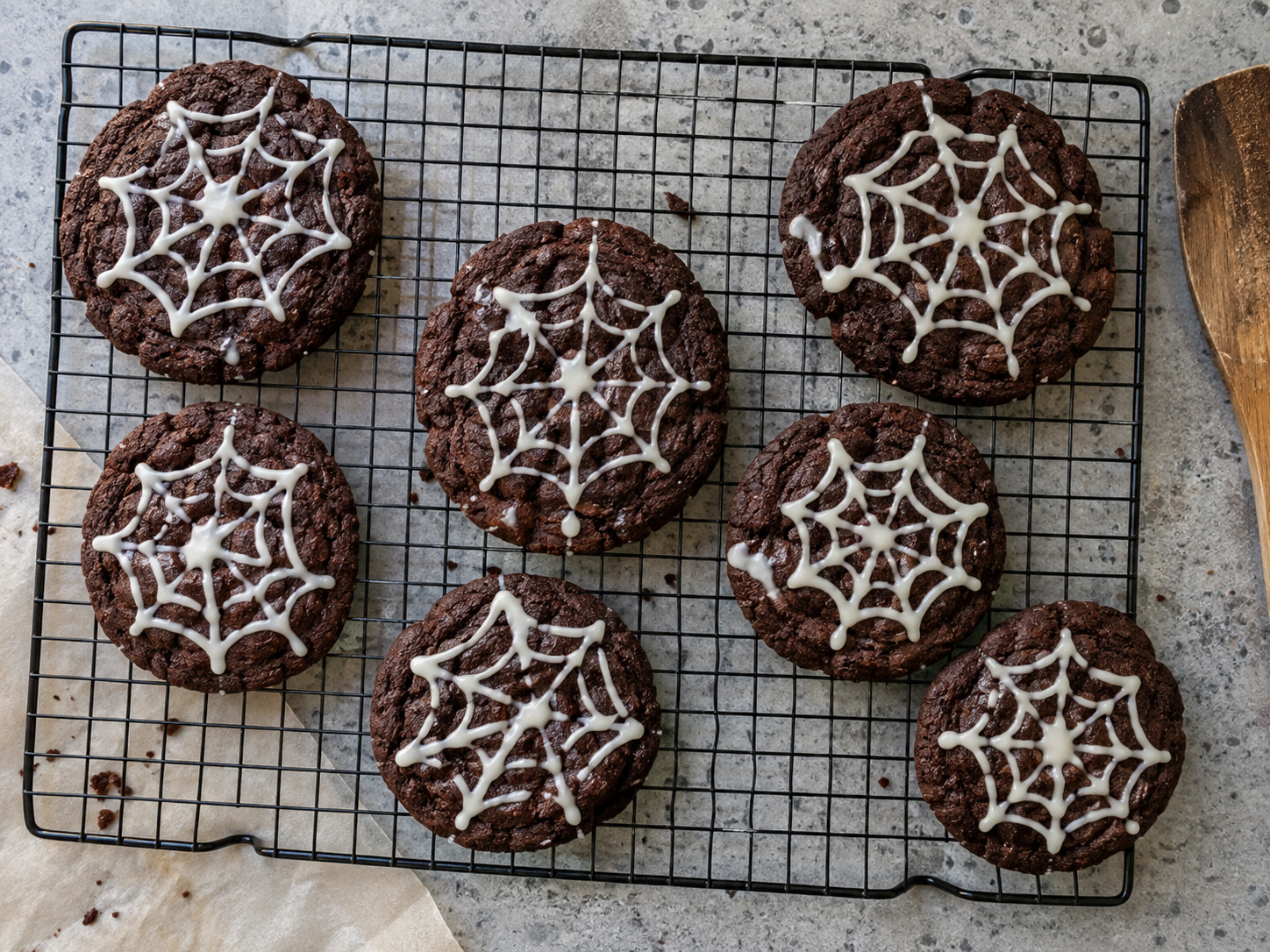 Cocoa cobweb cookies on a cooling rack